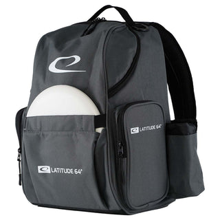A gray disc golf backpack made by Latitude 64.