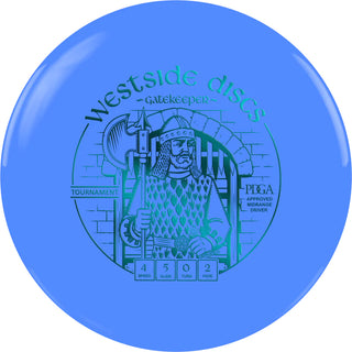 A blue Tournament Gatekeeper disc golf disc.