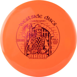 An orange Tournament Gatekeeper disc golf disc.