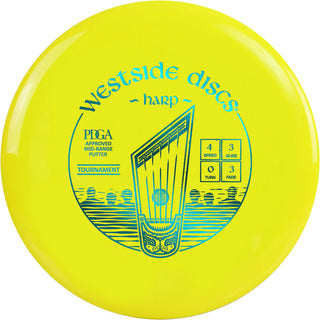 A yellow Tournament Harp disc golf disc.