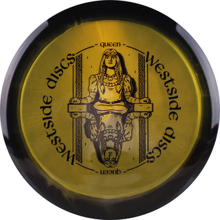A gold and black Tournament Orbit Queen disc golf disc.