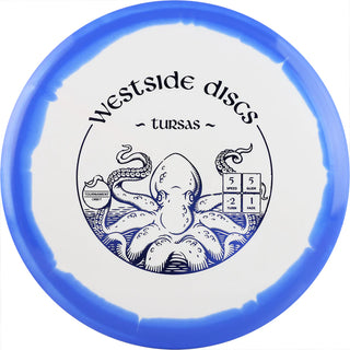 A white and blue Tournament Orbit Tursas disc golf disc.