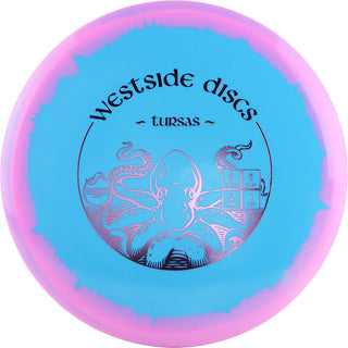 A blue and pink Tournament Orbit Tursas disc golf disc.