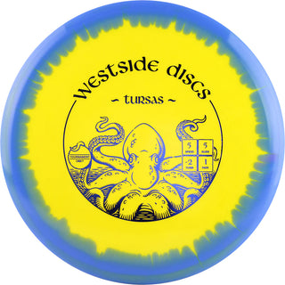 A yellow and blue Tournament Orbit Tursas disc golf disc.