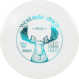 A white Tournament Stag disc golf disc.