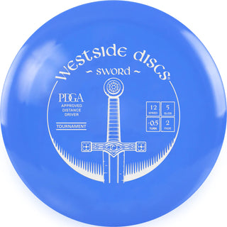 A blue Tournament Sword disc golf disc.