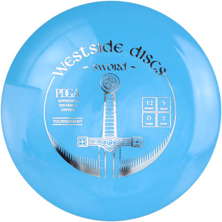 A turquoise Tournament Sword disc golf disc.