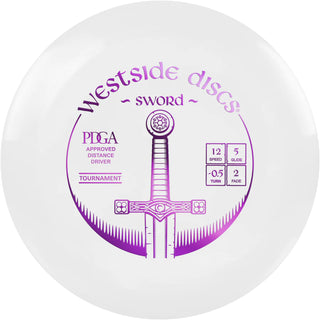 A white Tournament Sword disc golf disc.