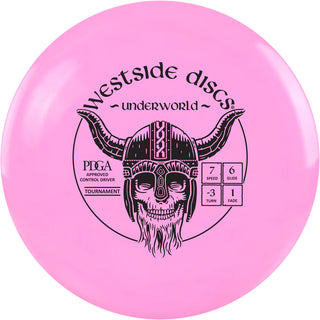 A pink Tournament Underworld disc golf disc.