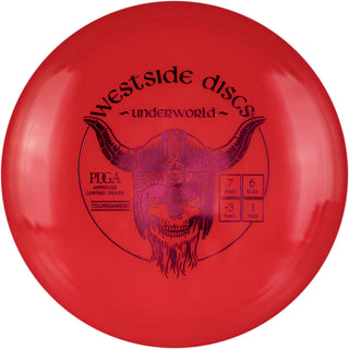 A red Tournament Underworld disc golf disc.