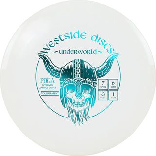 A white Tournament Underworld disc golf disc.