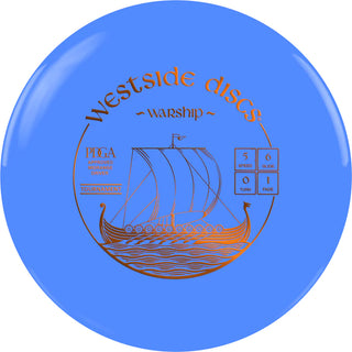 A blue Tournament Warship disc golf disc.