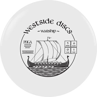 A white Tournament Warship disc golf disc.