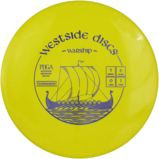 A yellow Tournament Warship disc golf disc.