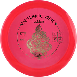 A red VIP Adder disc golf disc.