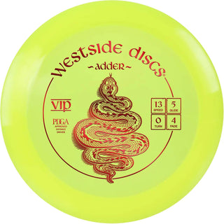 A yellow VIP Adder disc golf disc.