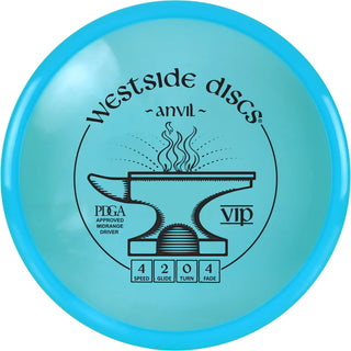 A turquoise VIP Anvil disc golf disc.