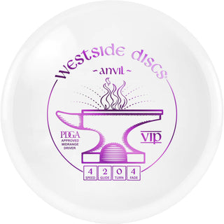 A white VIP Anvil disc golf disc.