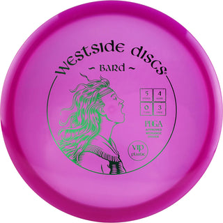 A purple VIP Bard disc golf disc.