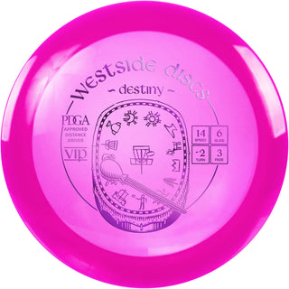 A pink VIP Destiny disc golf disc.