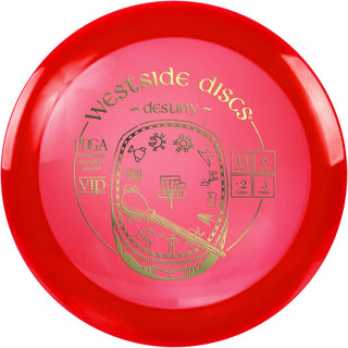 A red VIP Destiny disc golf disc.