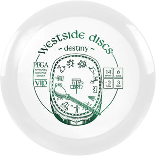 A white VIP Destiny disc golf disc.