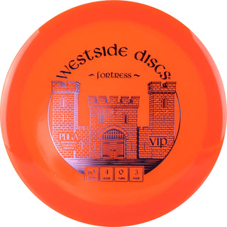 An orange VIP Fortress disc golf disc.