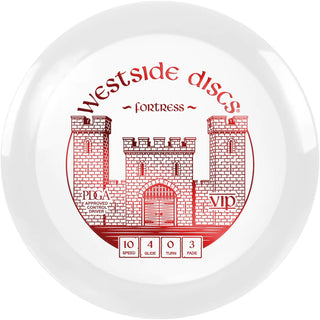 A white VIP Fortress disc golf disc.