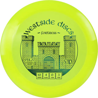 A yellow VIP Fortress disc golf disc.