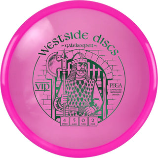 A pink VIP Gatekeeper disc golf disc.