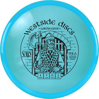 A turquoise VIP Gatekeeper disc golf disc.