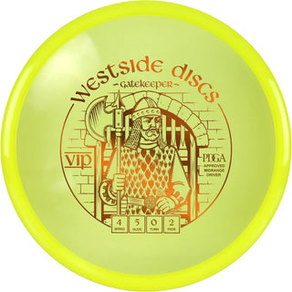 A yellow VIP Gatekeeper disc golf disc.