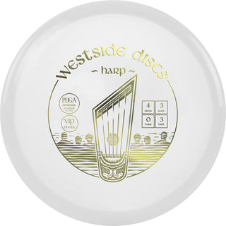 A white VIP Harp disc golf disc.