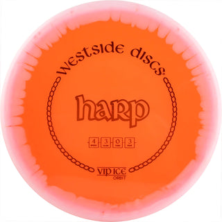 An orange and white VIP Ice Orbit Harp disc golf disc.