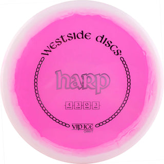 A pink and white VIP Ice Orbit Harp disc golf disc.