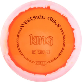 An orange and white VIP Ice Orbit King disc golf disc.