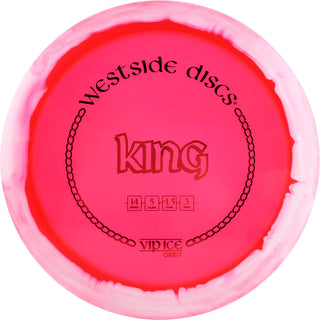 A red and white VIP Ice Orbit King disc golf disc.