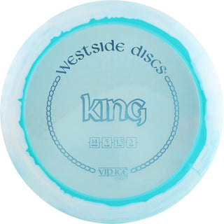 A turquoise and white VIP Ice Orbit King disc golf disc.