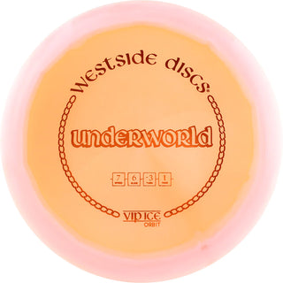 An orange and white VIP Ice Orbit Underworld disc golf disc.
