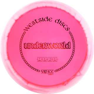 A pink and white VIP Ice Orbit Underworld disc golf disc.