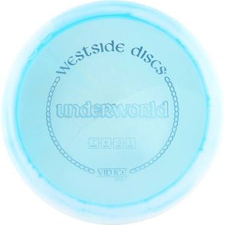 A turquoise and white VIP Ice Orbit Underworld disc golf disc.