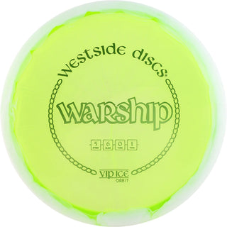 A green and white VIP Ice Orbit Warship disc golf disc.