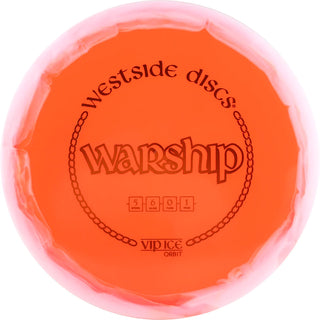 An orange and white VIP Ice Orbit Warship disc golf disc.