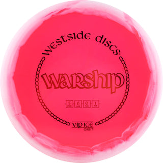 A red and white VIP Ice Orbit Warship disc golf disc.