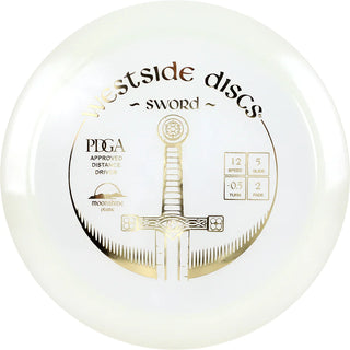 A white VIP Moonshine Sword disc golf disc in luminescent plastic.