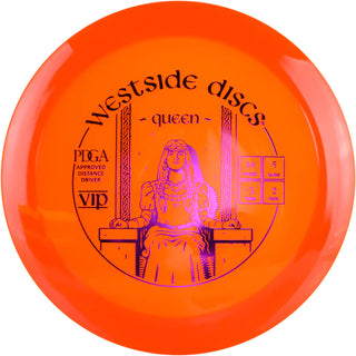 An orange VIP Queen disc golf disc.