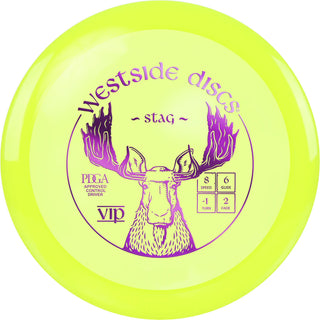 A yellow VIP Stag disc golf disc.