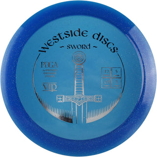 A blue VIP sword disc golf disc.