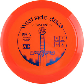 An orange VIP sword disc golf disc.