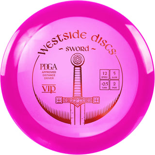 A pink VIP Sword disc golf disc.